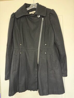 Kenneth Cole New York Black Wool Asymmetrical Moto Coat Sz 8 Zip Front